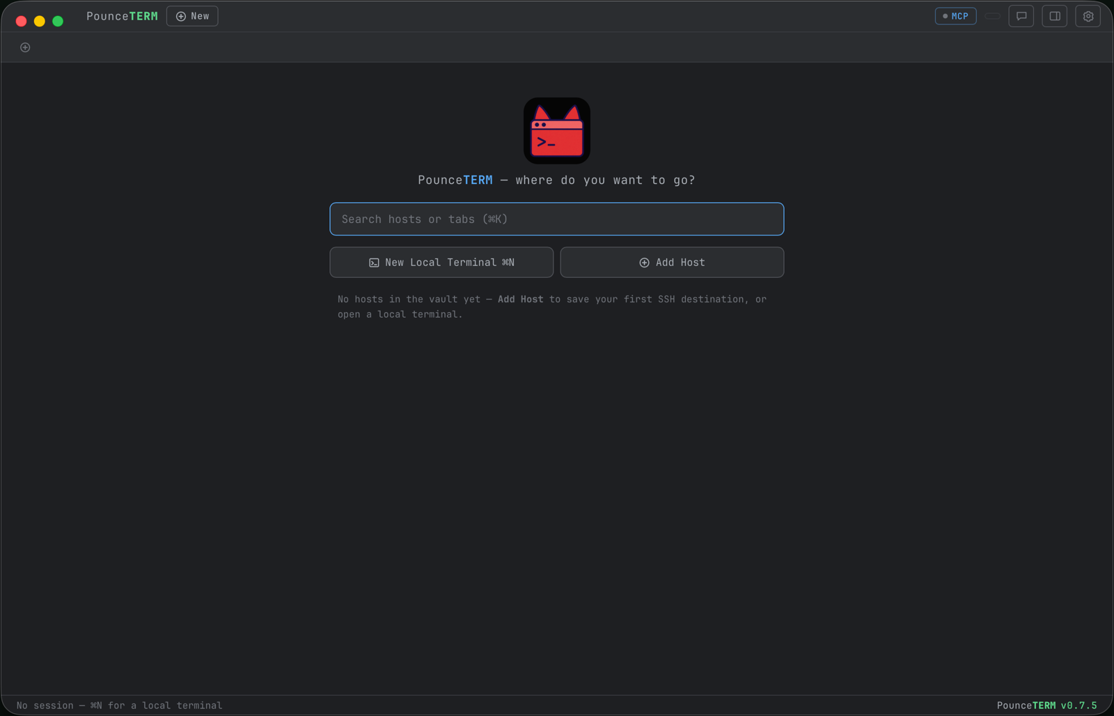 PounceTERM's launch screen — search hosts or tabs, new local terminal, add host