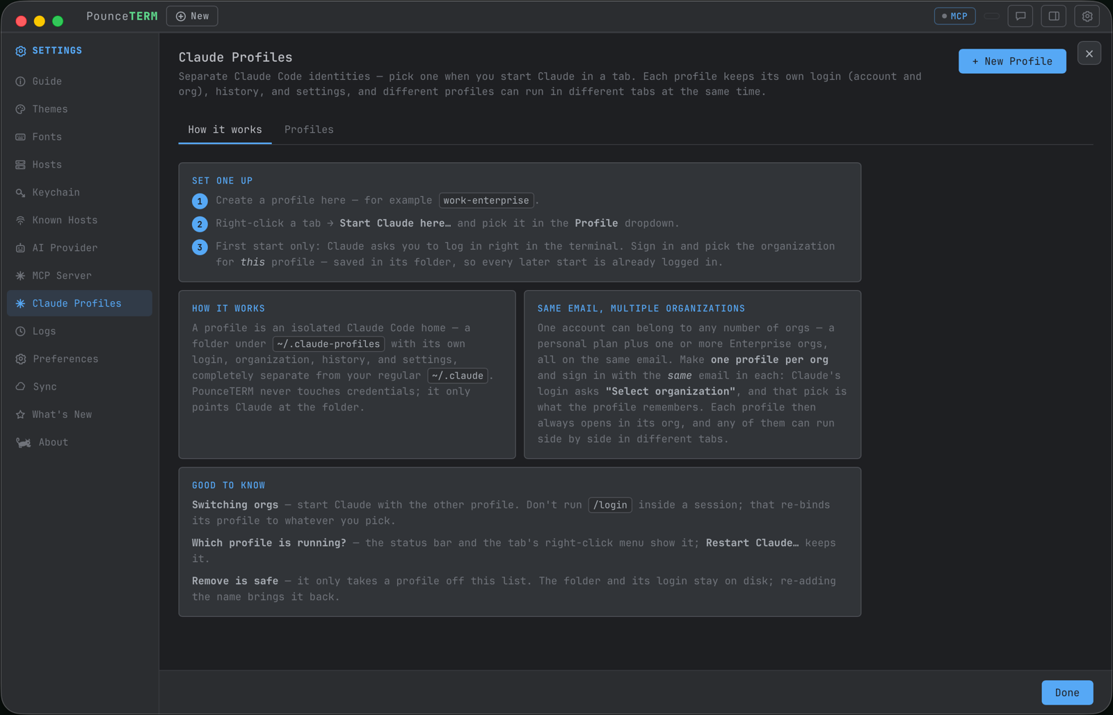 Settings → Claude Profiles with its How-it-works guide: set-up steps, same email multiple organizations, good to know