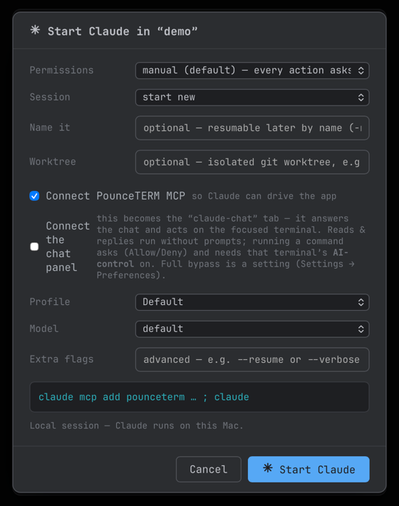 The Start Claude dialog up close: bypass permissions, continue last session, Connect PounceTERM MCP, chat panel, Profile and Model dropdowns, and the live command preview